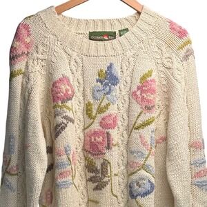 Cream Cable Knit Floral Intarsia Sweater Pink Blue Flower M Cottagecore Vintage